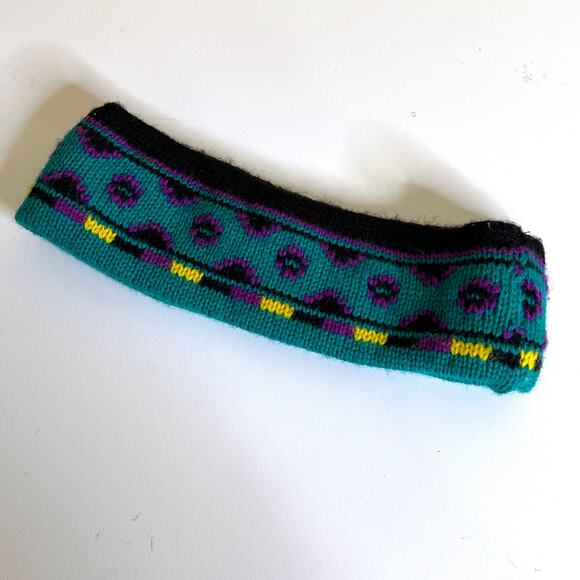 Vtg 80s 90s 100% Wool Knit Headband One Size Green Black Winter Ski Snowboarding - Picture 1 of 5